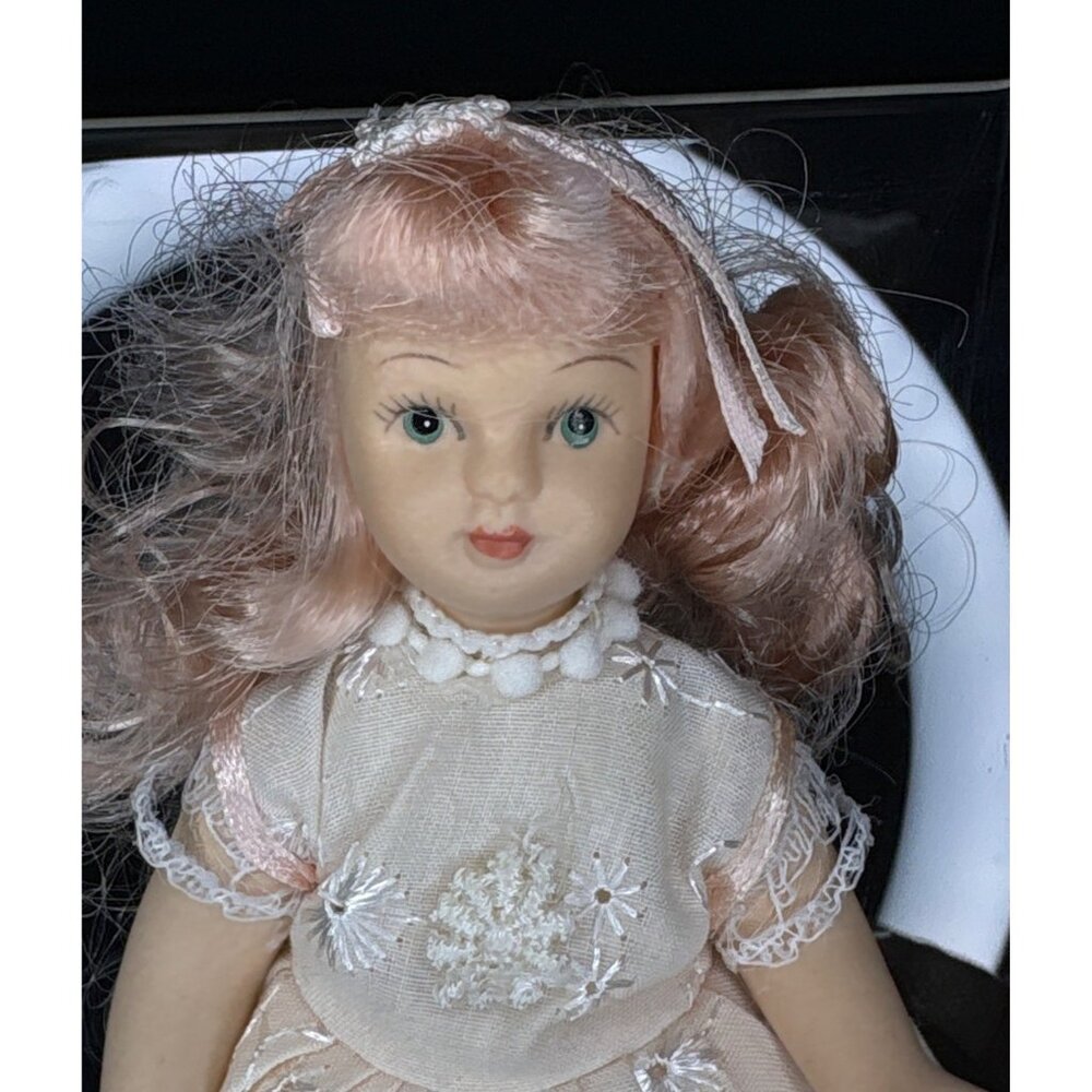 Vintage Porcelain Blonde Blue Eyes Doll Floral Lace Dress Victorian Strawberry - Picture 2 of 11